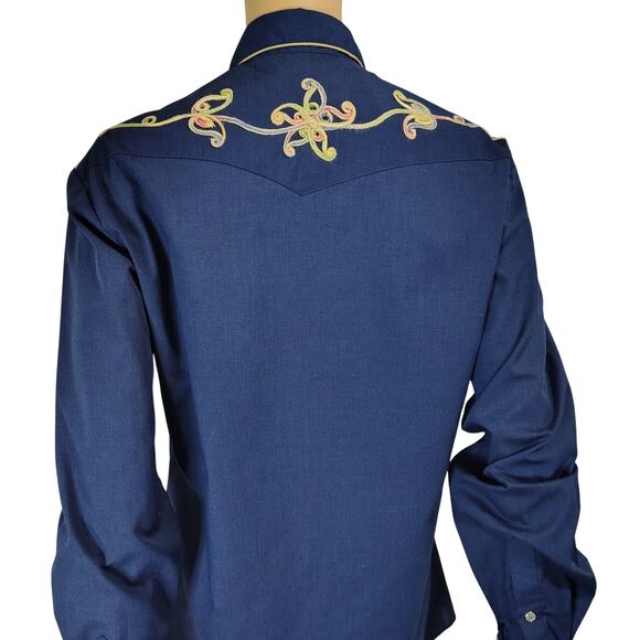 1970s Blue Western Shirt Embroidered Floral Pattern Pearl Snap Buttons Size Med - Picture 5 of 7